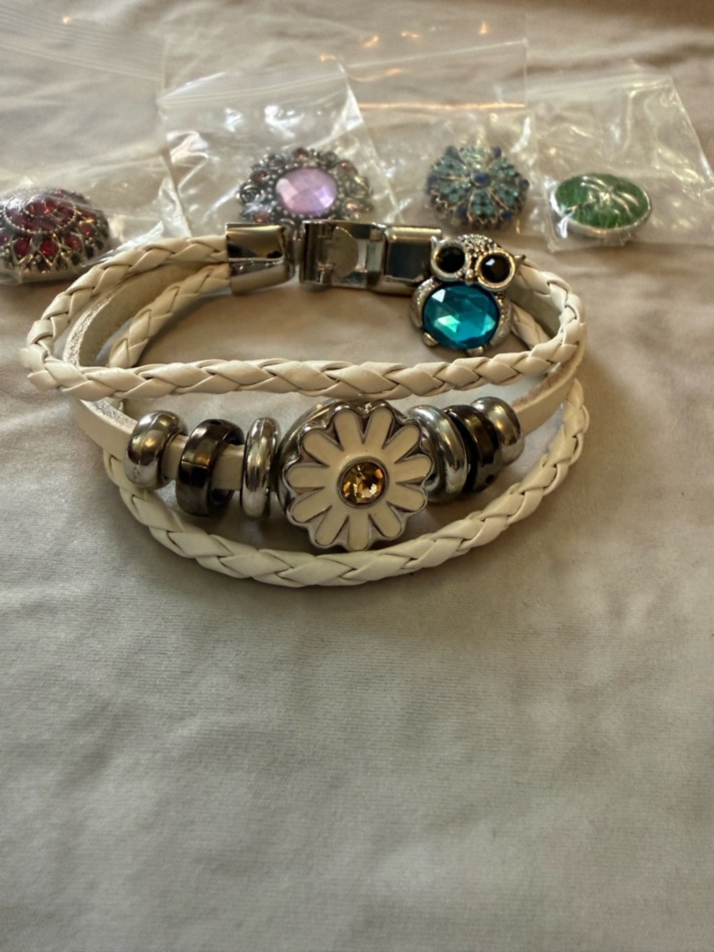 White Braided Leather Daisy Charm Bracelet with Crystal Accent